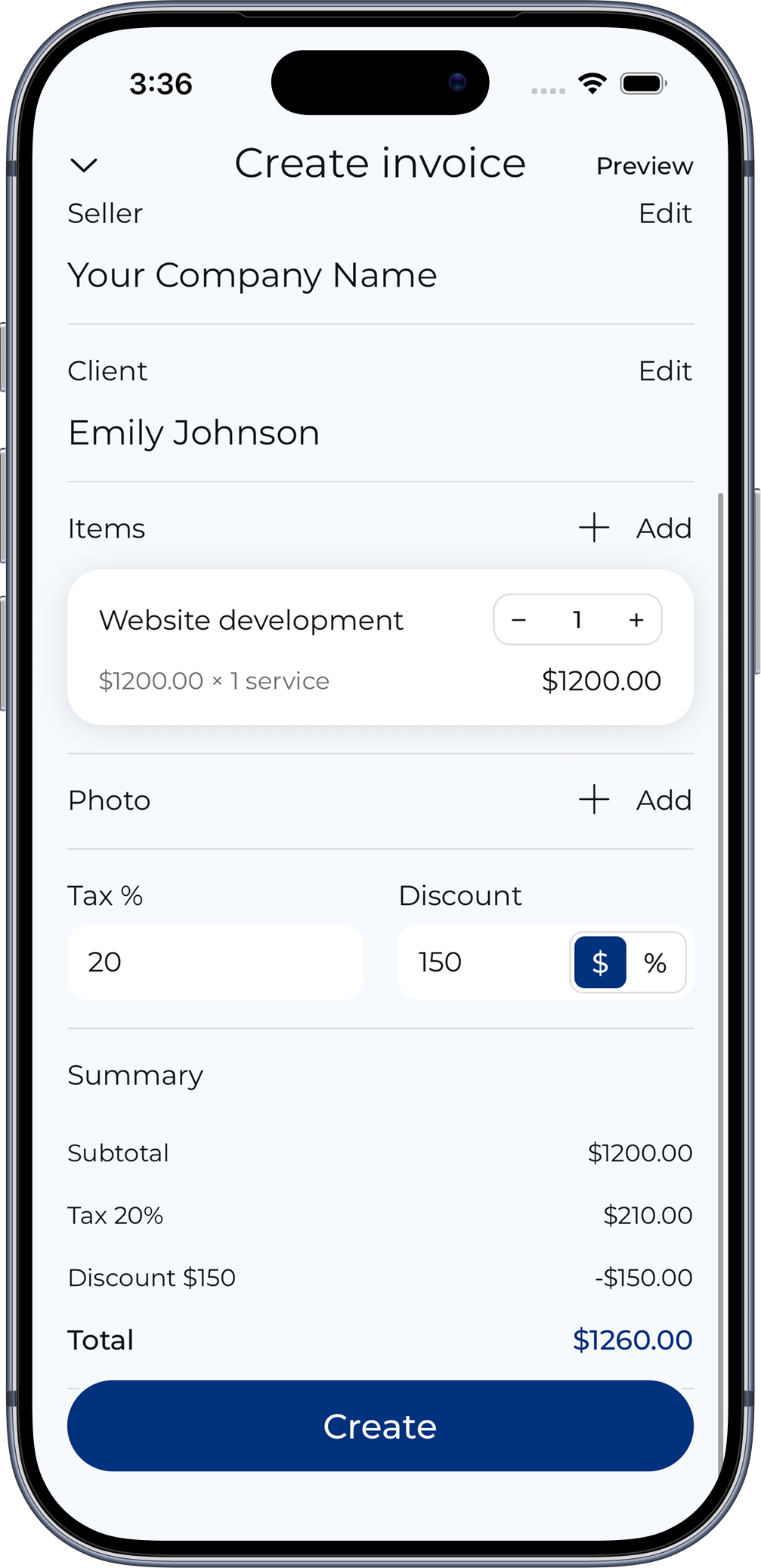 Create invoice screen