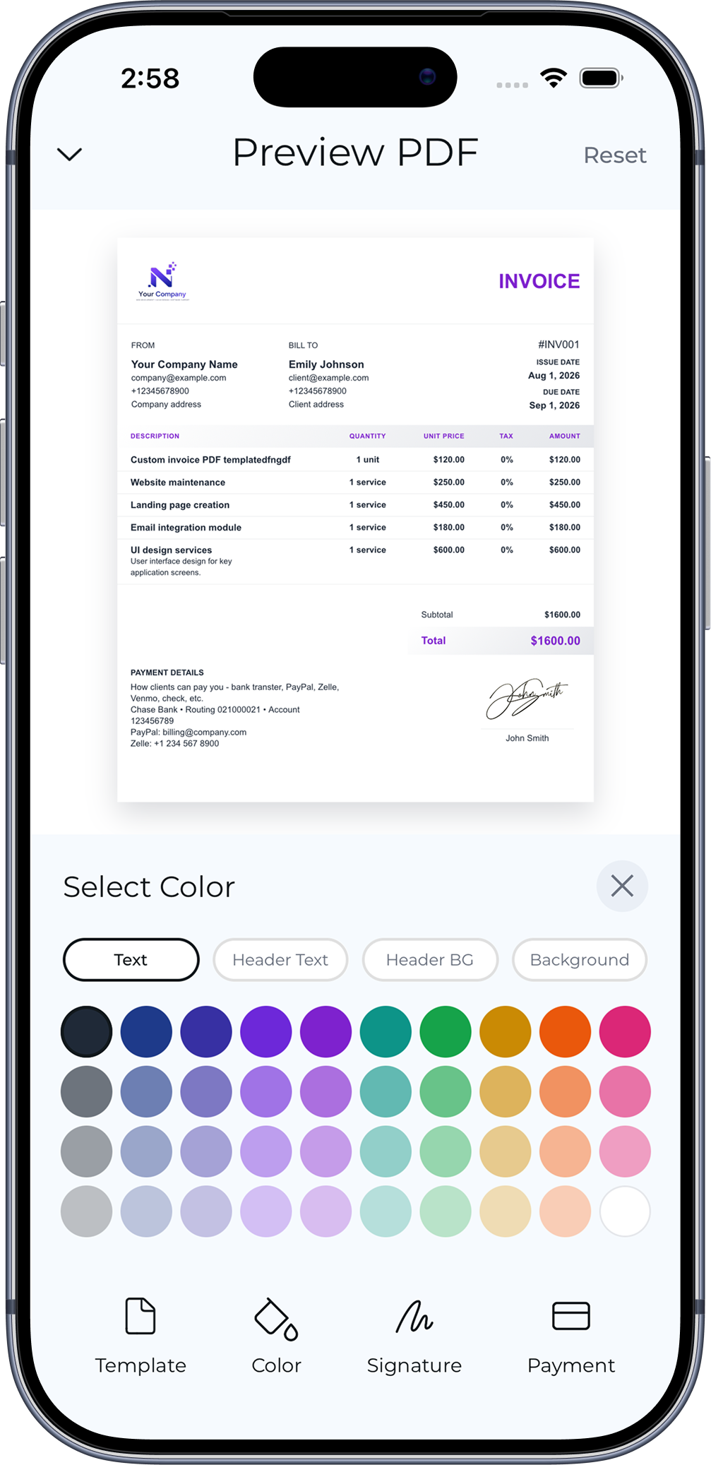 Custom invoice color selection screen
