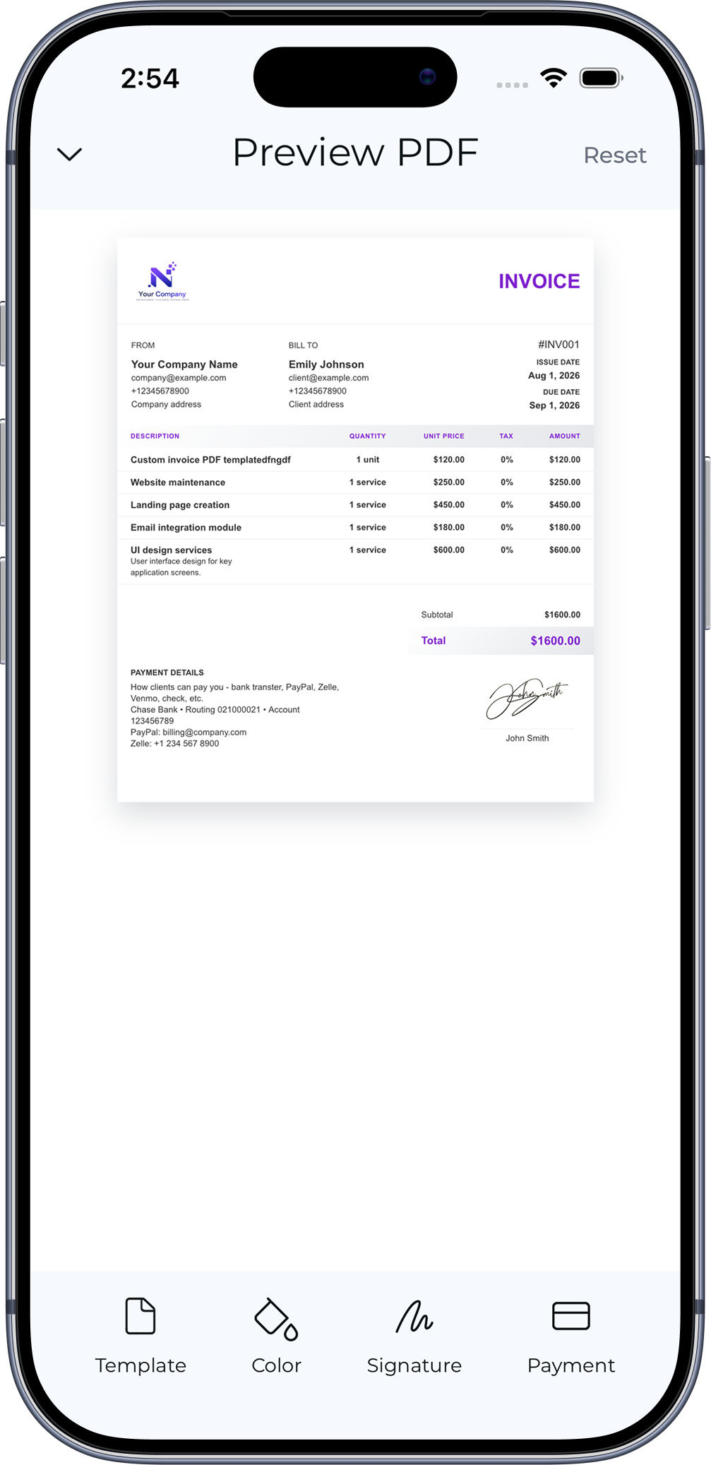 Invoice preview screen