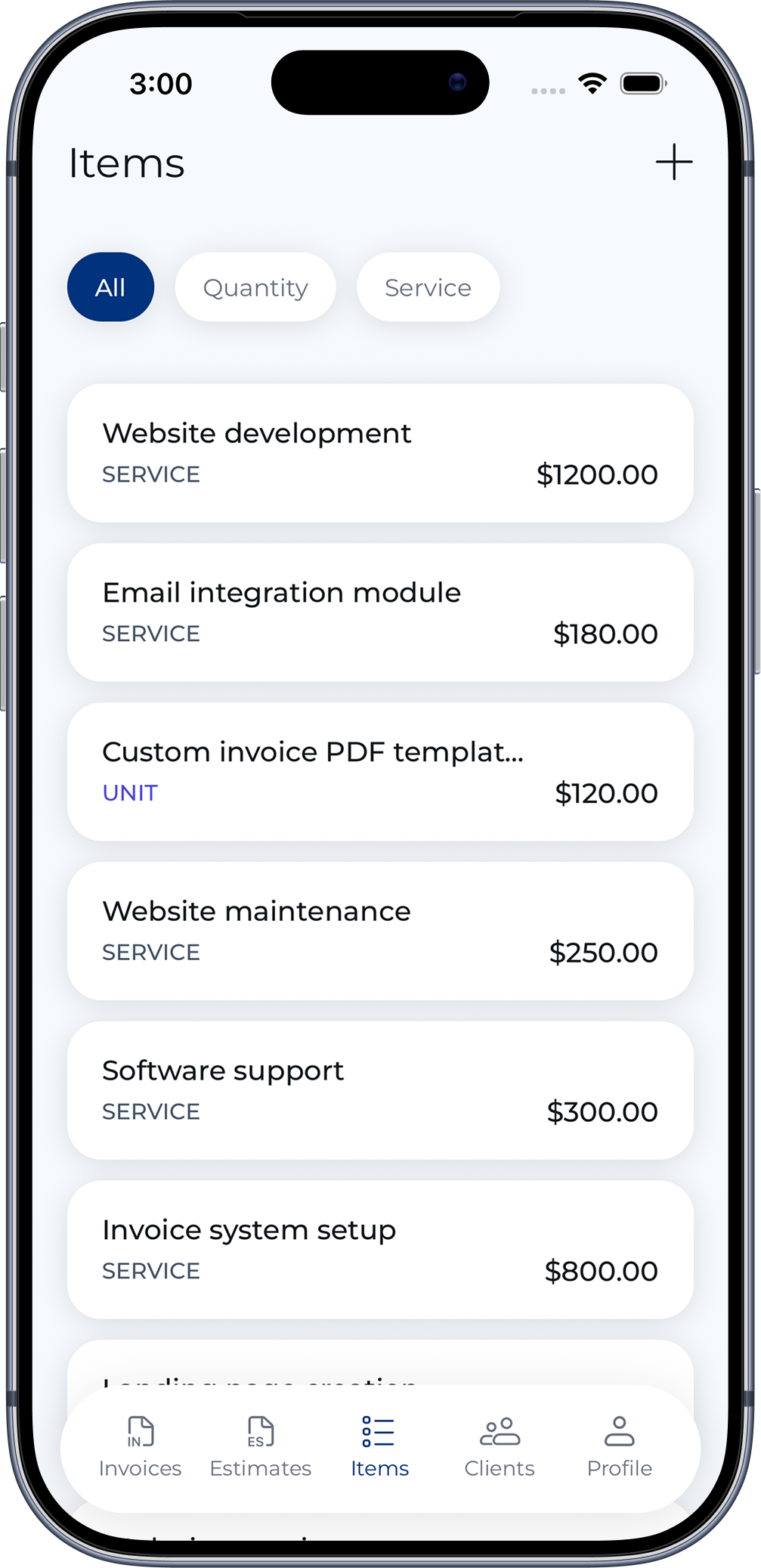 Items management screen